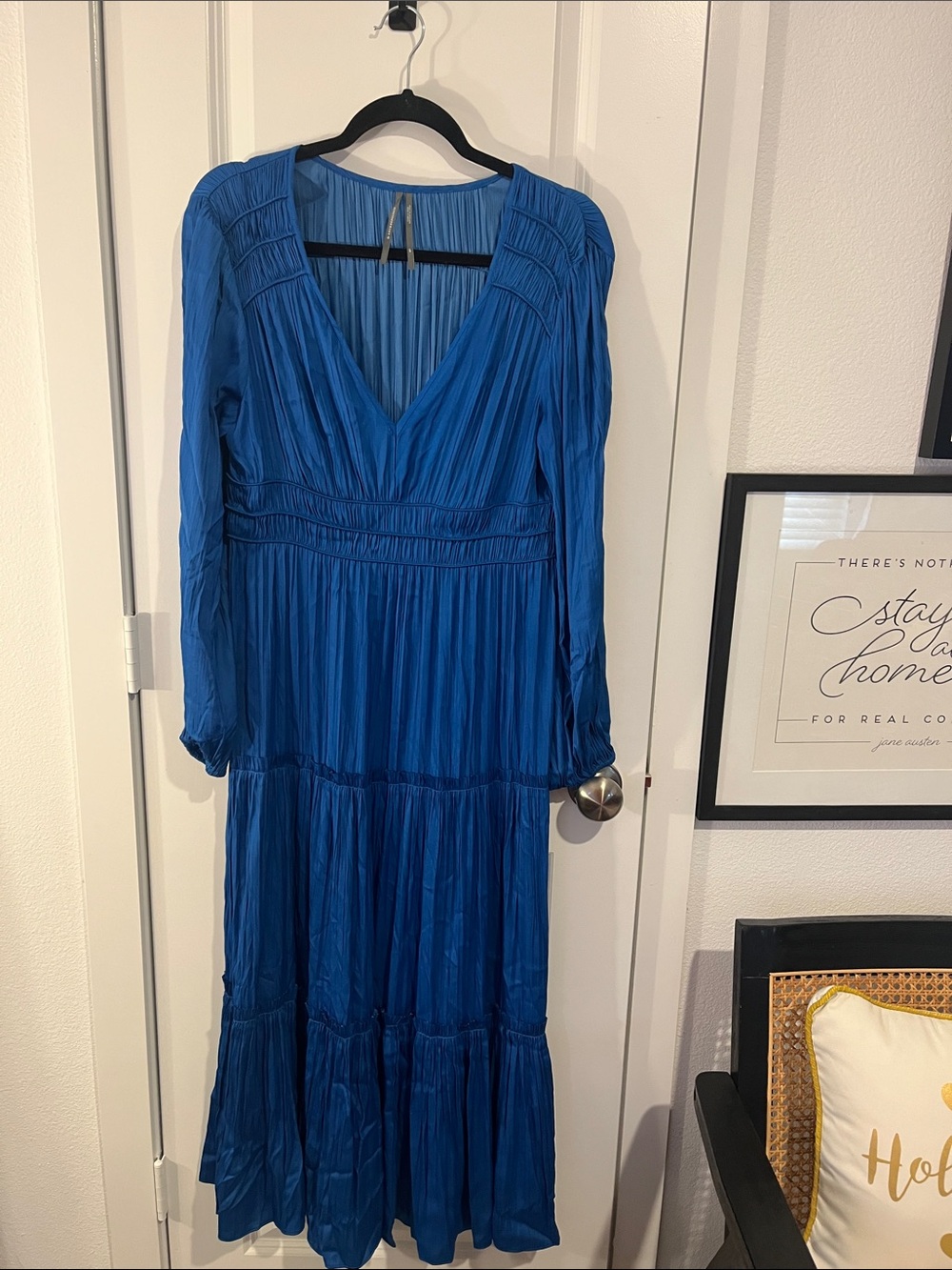 Anthropologie Cobalt Blue V-Neck Long Sleeve Maxi Dress